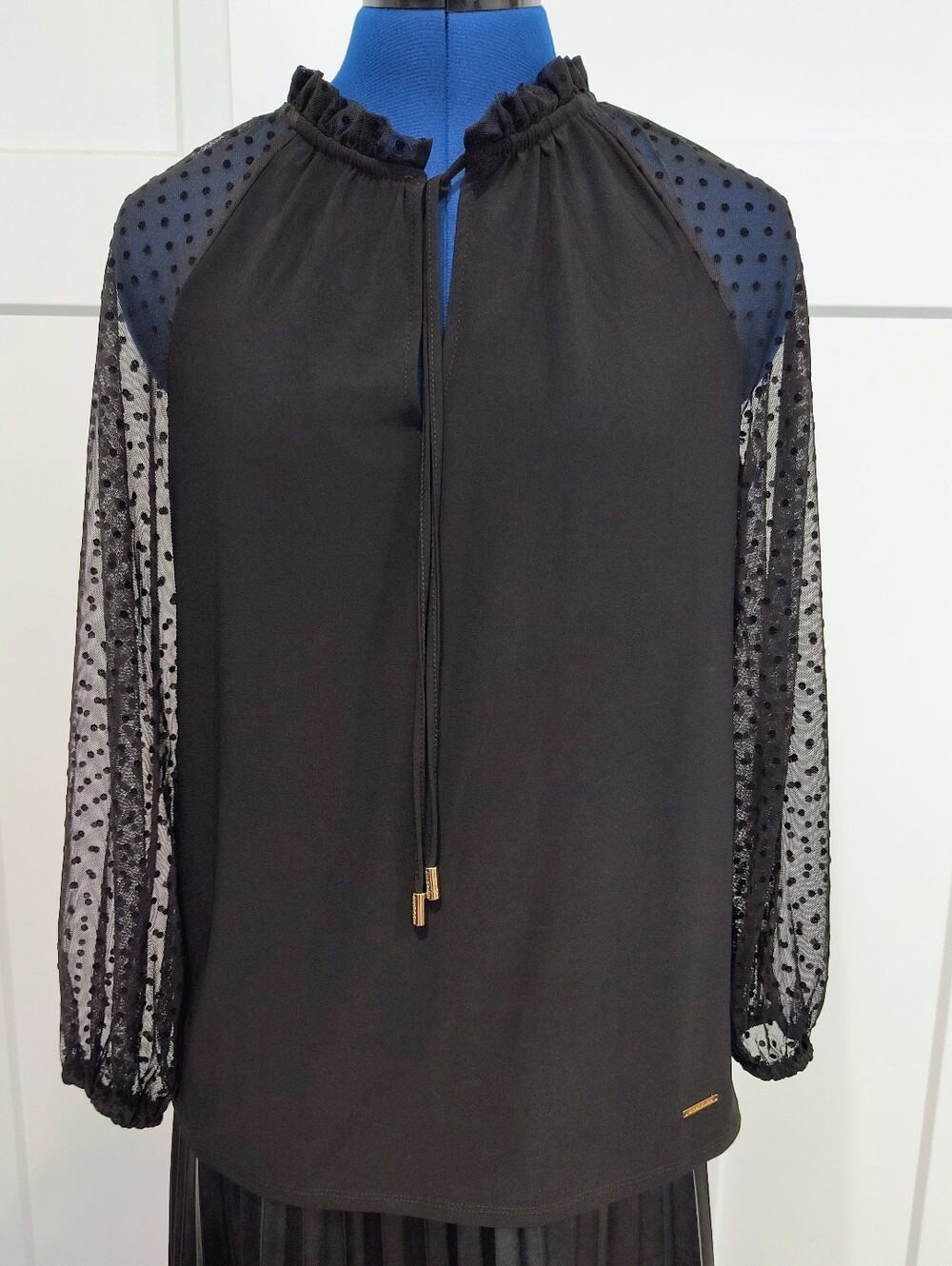 Anne Klein Black Sheer Polka Dot Sleeve Blouse